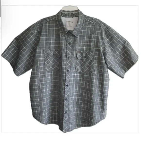 Orvis Mens Shirt Button Up Short Sleeve Gray Check Work Casual XXL - Picture 1 of 9
